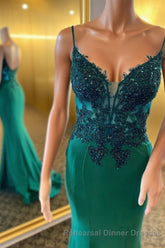 Straps Green Appliques Mermaid Long Semi Formal Prom Dress